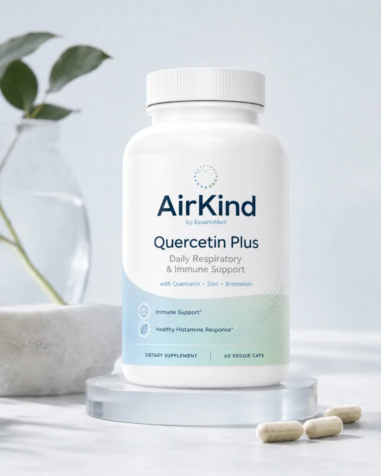 AirKind Quercetin Plus bottle on a light product set