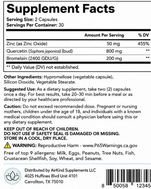 AirKind Quercetin Plus supplement facts panel